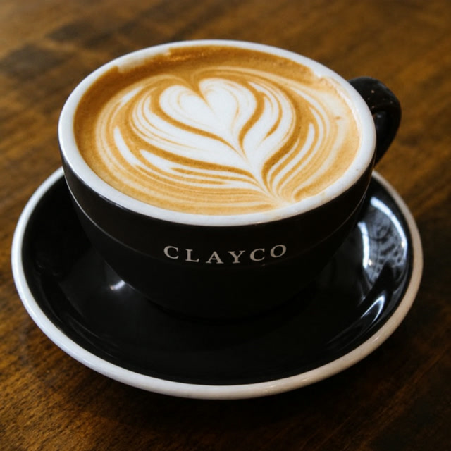 A CLAYCO cappuccino in a black cup