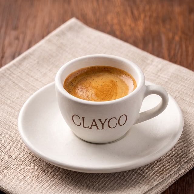 A CLAYCO espresso in a white cup on linen