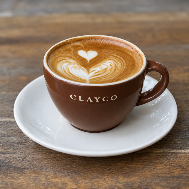 A CLAYCO latte in a brown cup with a heart poured into the crema
