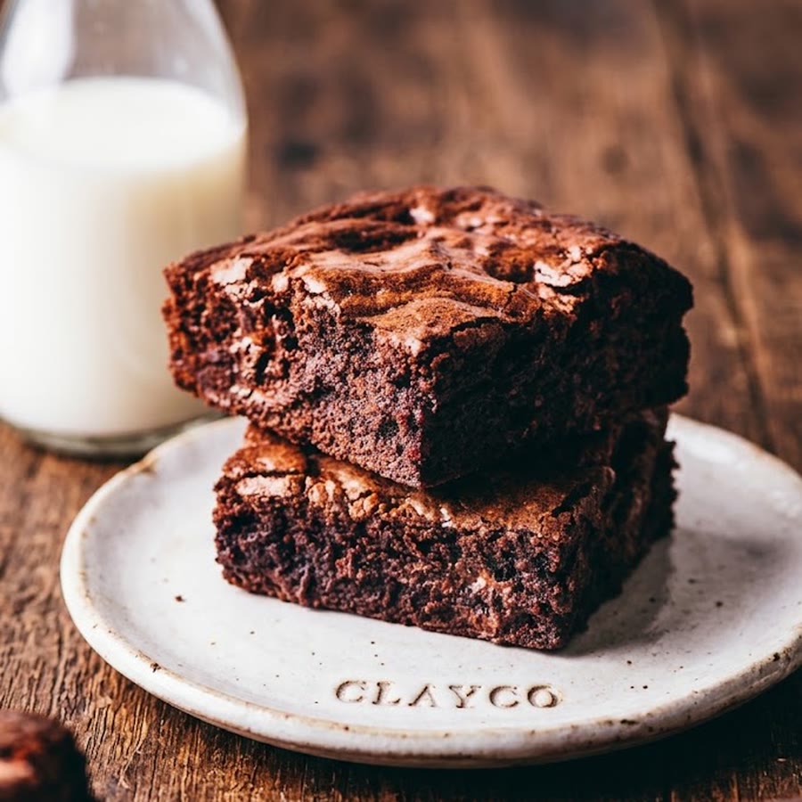A CLAYCO brownie, dense and dark, cut thick
