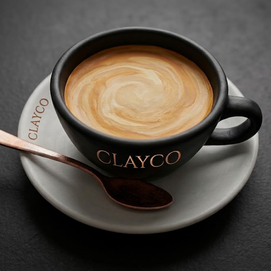 A CLAYCO latte in a black cup with a copper spoon on a pale saucer