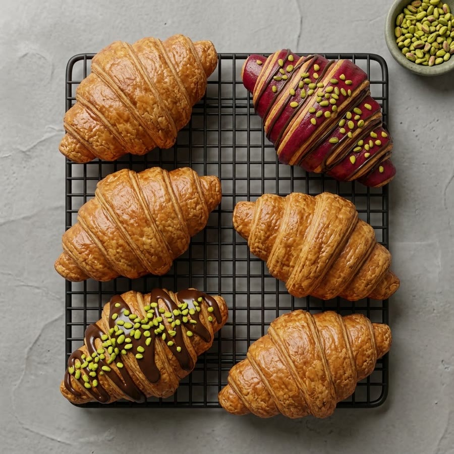 Croissants on a cooling rack: plain, blackberry, and pistachio chocolate