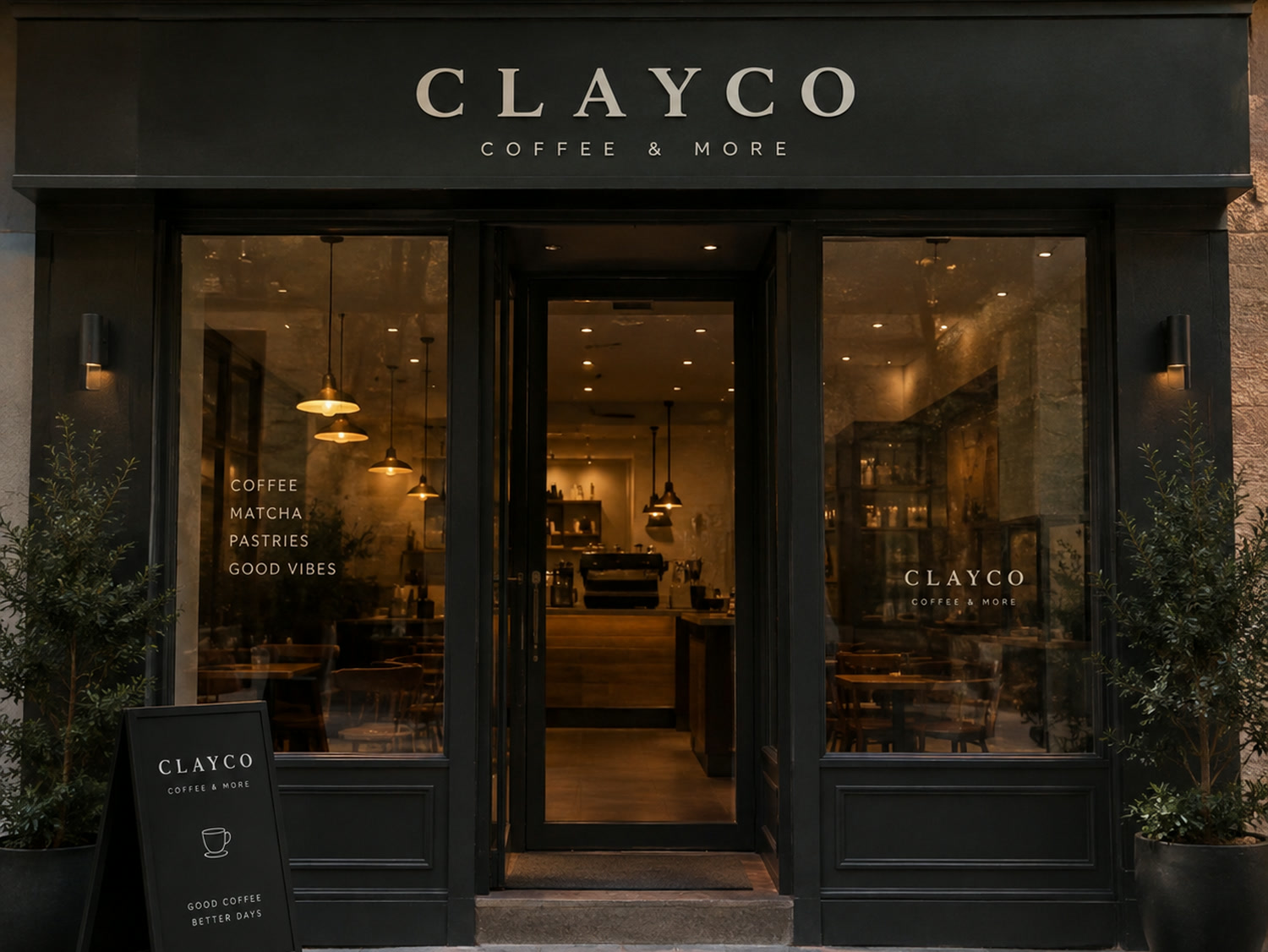 The CLAYCO shopfront: a black facade with warm light inside, two olive trees and a chalkboard by the door
